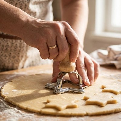 Découpe de motifs géométriques dans de la pâte à pâtisserie