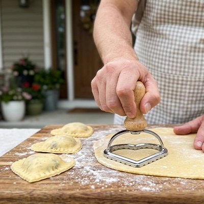 Utilisation d'un découpoir à manche en bois pour raviolis et chaussons