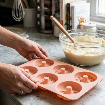 Remplissage de pâte dans un moule à donuts en silicone rose