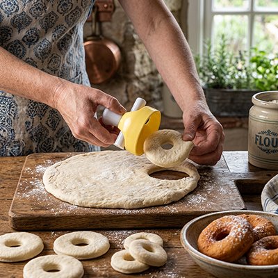 Pâte à donuts découpée et prête pour la friture ou cuisson