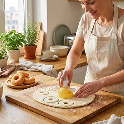Découpe précise de cercles de pâte à donuts en cuisine