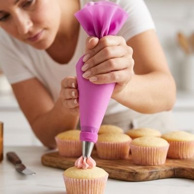 Pâtissière utilisant une poche à douille rose pour création de motifs