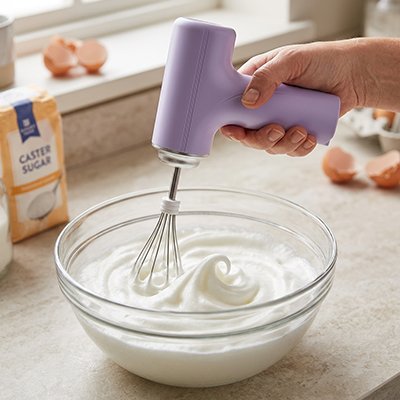 Fouet électrique sans fil violet battant des blancs en neige dans un bol en verre